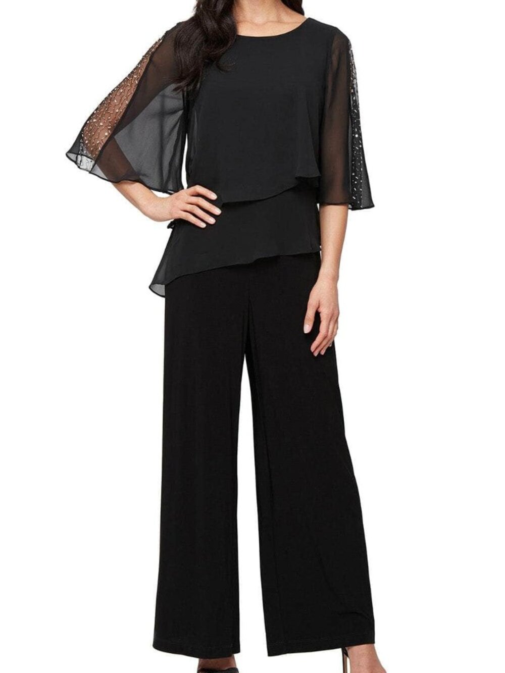NWT S.L. Fashions 9177537 Neck Jumpsuit with Wide-Leg Pants Black Size 16